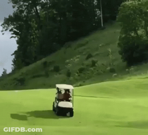 A Golf Cart Is Driving Down A Green Grassy Hill . GIF