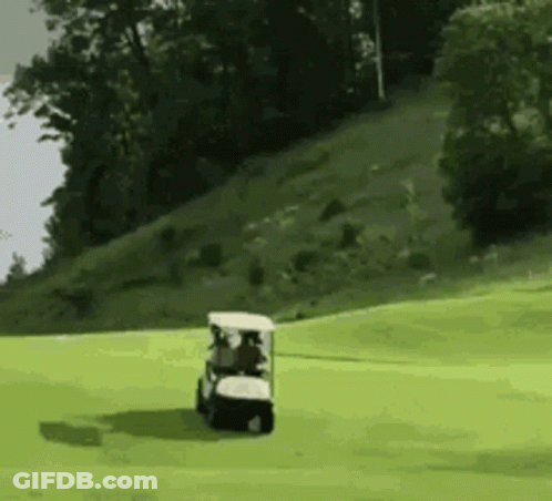 A Golf Cart Is Driving Down A Lush Green Field GIF