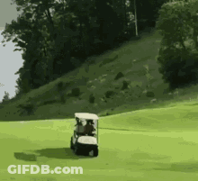 A Golf Cart Is Driving Down A Lush Green Field GIF