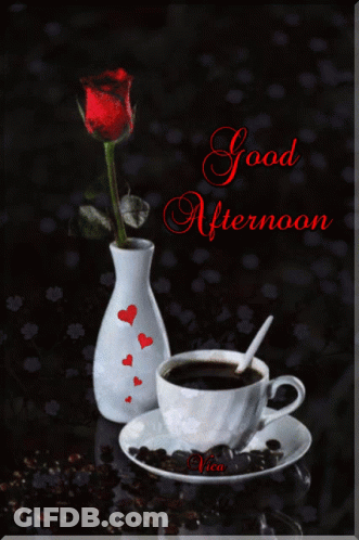 A Good Afternoon Greeting Card With A Cup Of Coffee And A Red Rose In A Vase GIF