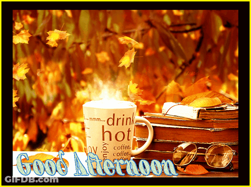 A Good Afternoon Greeting Card With A Cup Of Coffee And Books GIF