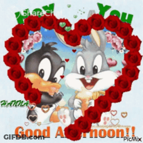 A Good Afternoon Greeting Card With Bugs Bunny And Daffy Duck Surrounded By Roses GIF