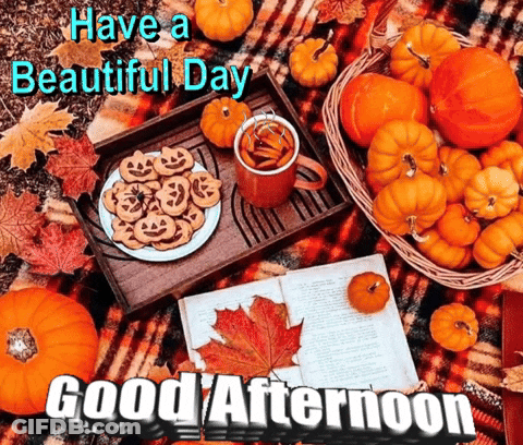 A Good Afternoon Greeting Card With Pumpkins , Leaves , Cookies And A Cup Of Tea GIF