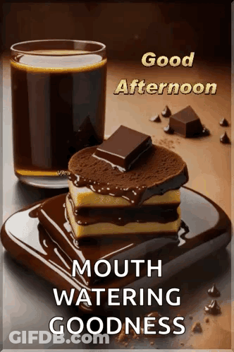 A Good Afternoon Greeting With A Glass Of Coffee And A Piece Of Chocolate Cake GIF