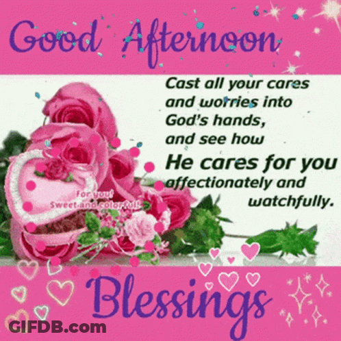 A Good Afternoon Message With A Bouquet Of Pink Roses And Hearts GIF