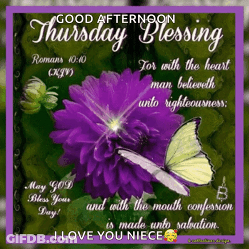 A Good Afternoon Thursday Blessing With Purple Flowers And Butterflies GIF