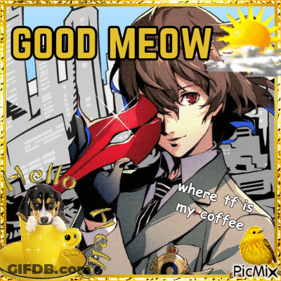 A Good Meow Greeting Card With A Man Holding A Sword GIF
