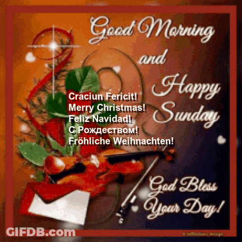 A Good Morning And Happy Sunday Card With A Violin On It GIF