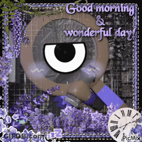 A Good Morning And Wonderful Day Greeting Card With Purple Flowers GIF