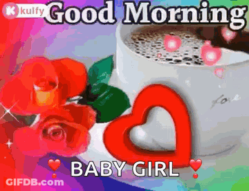 A Good Morning Baby Girl Greeting Card With Roses And A Cup Of Coffee . GIF