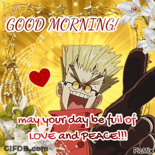 A Good Morning Card With A Cartoon Character And The Words May Your Day Be Full Of Love And Peace !!! GIF