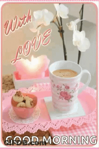 A Good Morning Card With A Cup Of Coffee And Flowers GIF