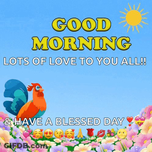 Good Morning Card With Rooster And Flowers GIF