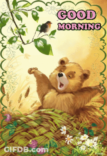 A Good Morning Card With A Teddy Bear And Flowers GIF