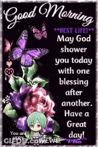 A Good Morning Card With Purple Butterflies And Flowers GIF