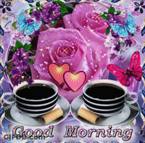 A Good Morning Card With Two Cups Of Coffee And Roses GIF