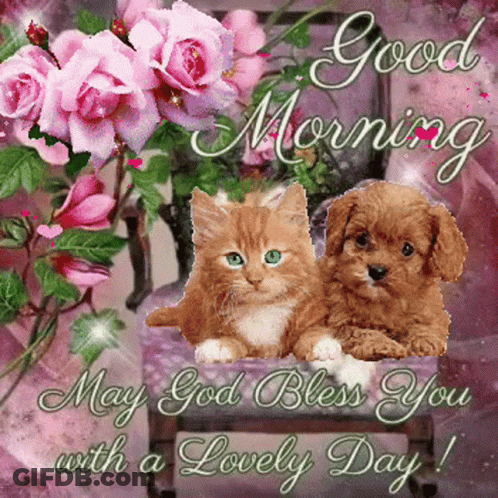 A Good Morning Card With Two Kittens And A Puppy GIF
