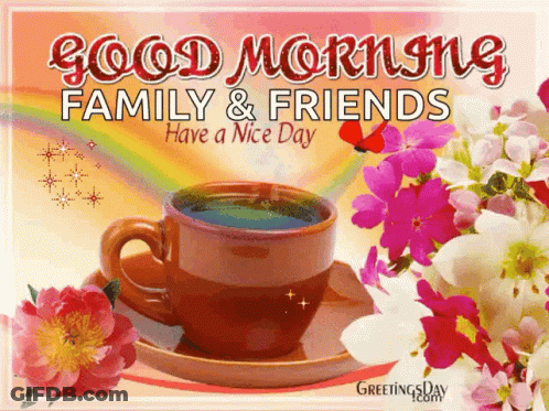 A Good Morning Family And Friends Card With A Cup Of Coffee GIF