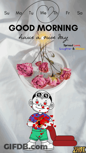 A Good Morning Greeting Card With A Boy Holding A Flower GIF