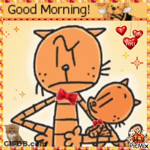 A Good Morning Greeting Card With A Cartoon Cat And Kitten GIF