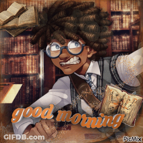 A Good Morning Greeting Card With A Cartoon Character And Books GIF