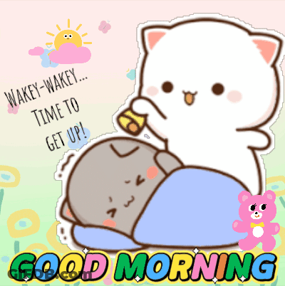 A Good Morning Greeting Card With A Cat Laying On Another Cat GIF
