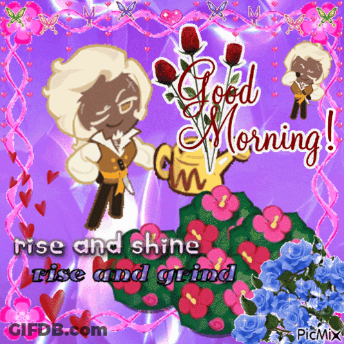 A Good Morning Greeting Card With A Cookie Holding A Cup Of Coffee GIF