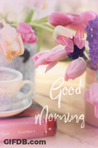 A Good Morning Greeting Card With A Cup Of Coffee And Pink Flowers GIF
