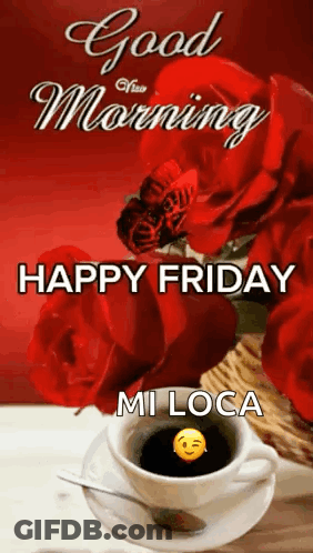 A Good Morning Greeting Card With A Cup Of Coffee And Roses GIF