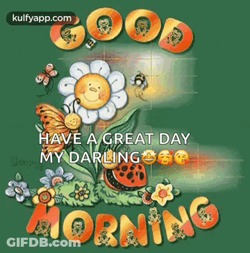 A Good Morning Greeting Card With A Flower , Butterfly , Ladybug And Sun . GIF
