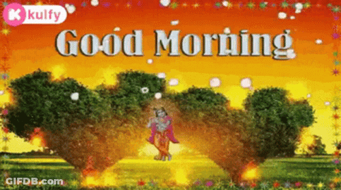 A Good Morning Greeting Card With A Picture Of A Cartoon Character And Trees GIF