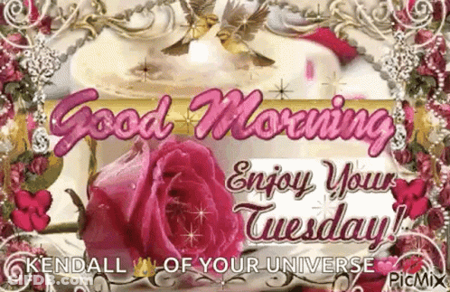 A Good Morning Greeting Card With A Pink Rose And Birds On It . GIF