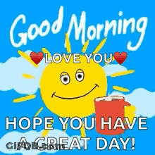 A Good Morning Greeting Card With A Smiling Sun Holding A Cup Of Coffee . GIF