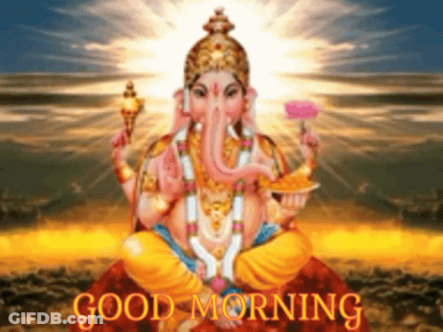 A Good Morning Greeting Card With A Statue Of Ganesha Holding A Flower GIF