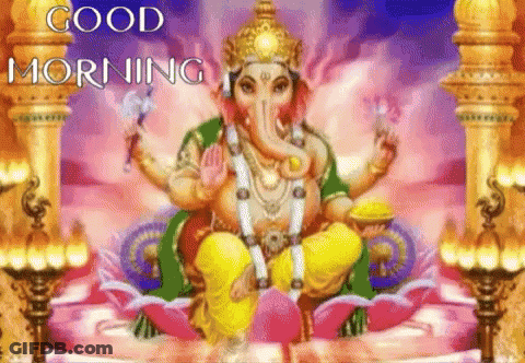 A Good Morning Greeting Card With A Statue Of Ganesha On A Lotus Flower . GIF