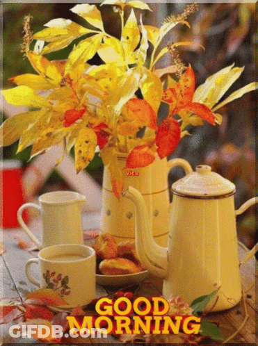 A Good Morning Greeting Card With A Teapot And Cups GIF