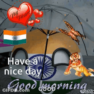 A Good Morning Greeting Card With A Tiger , Flag , Umbrella And A Heart . GIF