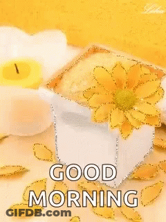 A Good Morning Greeting Card With A Yellow Flower And A Candle GIF