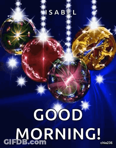 A Good Morning Greeting Card With Christmas Balls And Stars On A Blue Background . GIF