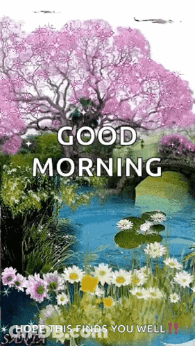 Good Morning Greeting Card With Flowers And Cherry Blossom GIF