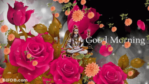 A Good Morning Greeting Card With Flowers And A Statue GIF