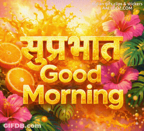 A Good Morning Greeting Card With Flowers And Orange Slices GIF