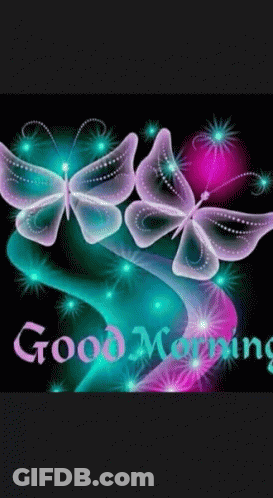 A Good Morning Greeting Card With Glowing Butterflies On A Black Background GIF