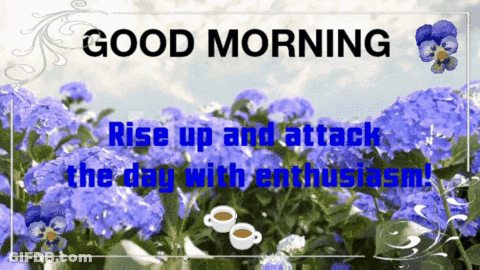 A Good Morning Greeting Card With Purple Flowers And Coffee Cups GIF