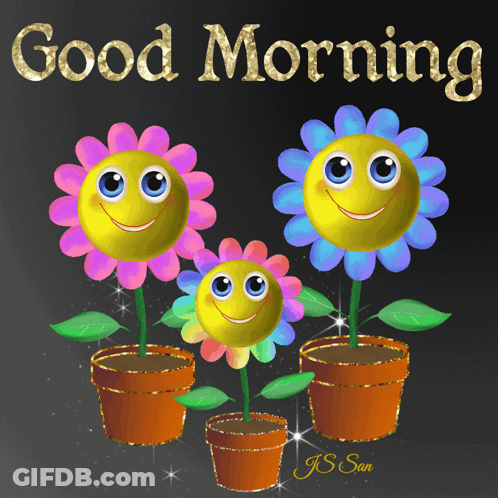 A Good Morning Greeting Card With Smiley Faces On The Flowers GIF