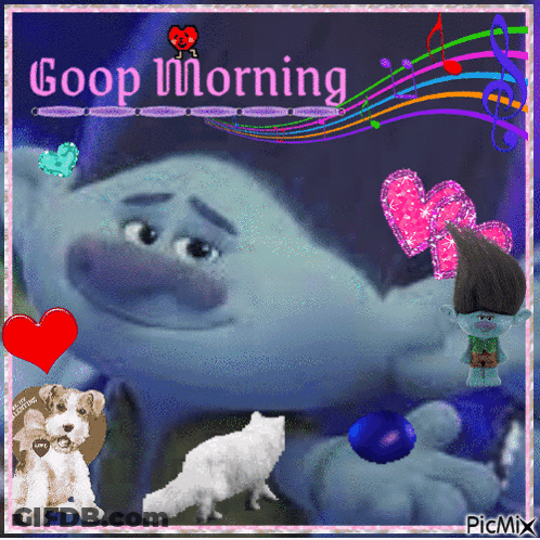 A Good Morning Greeting Card With Trolls And Animals GIF