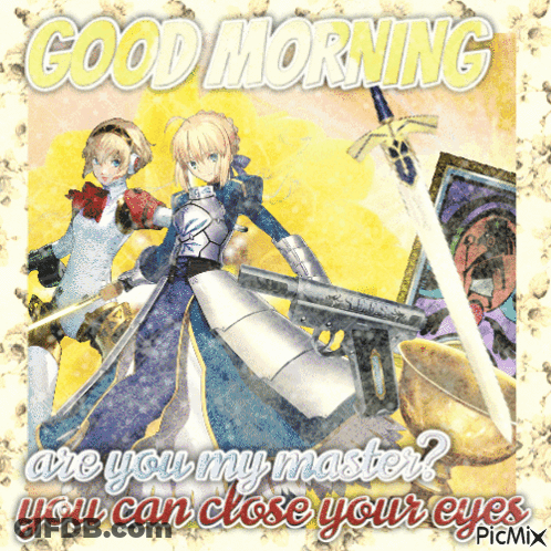 A Good Morning Greeting Card With Two Anime Characters And A Sword GIF
