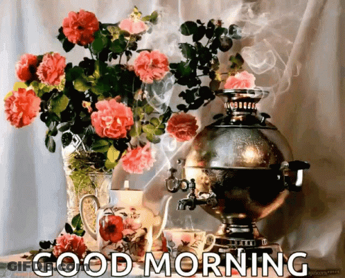 A Good Morning Greeting With A Vase Of Flowers And A Tea Kettle GIF