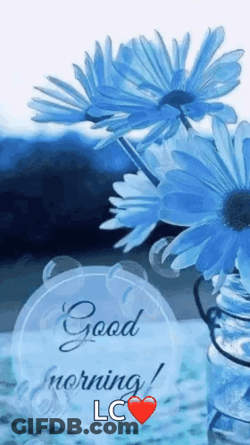 A Good Morning Greeting With Blue Flowers In A Vase GIF