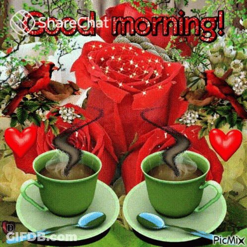 A Good Morning Greeting With Two Cups Of Coffee And Red Roses On A Table GIF